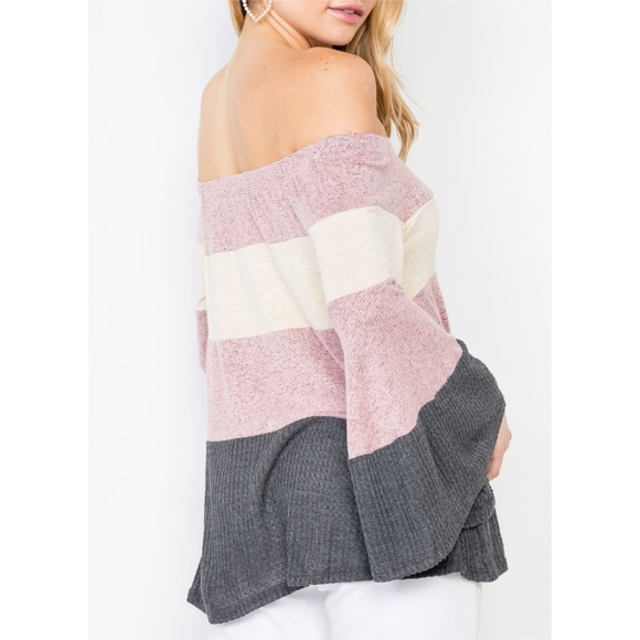 Soft Cozy Off Shoulder Color Block Bell Sleeve Top - Picture 5 of 8